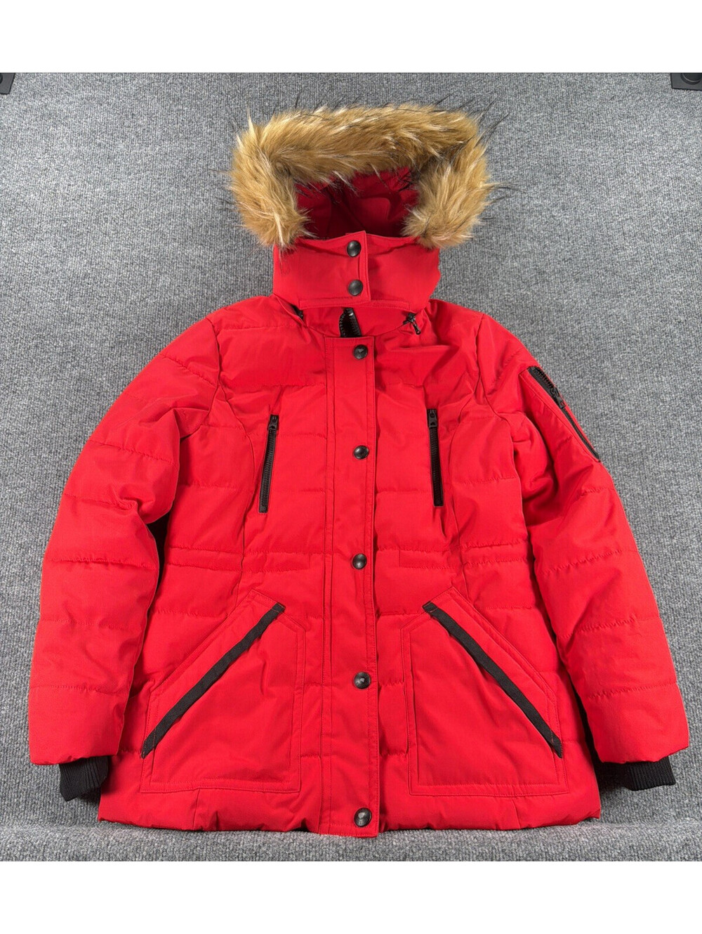 GUESS Puffer Parka Jacket Faux Fur Detachable Hood Red Zip- Women's Medium